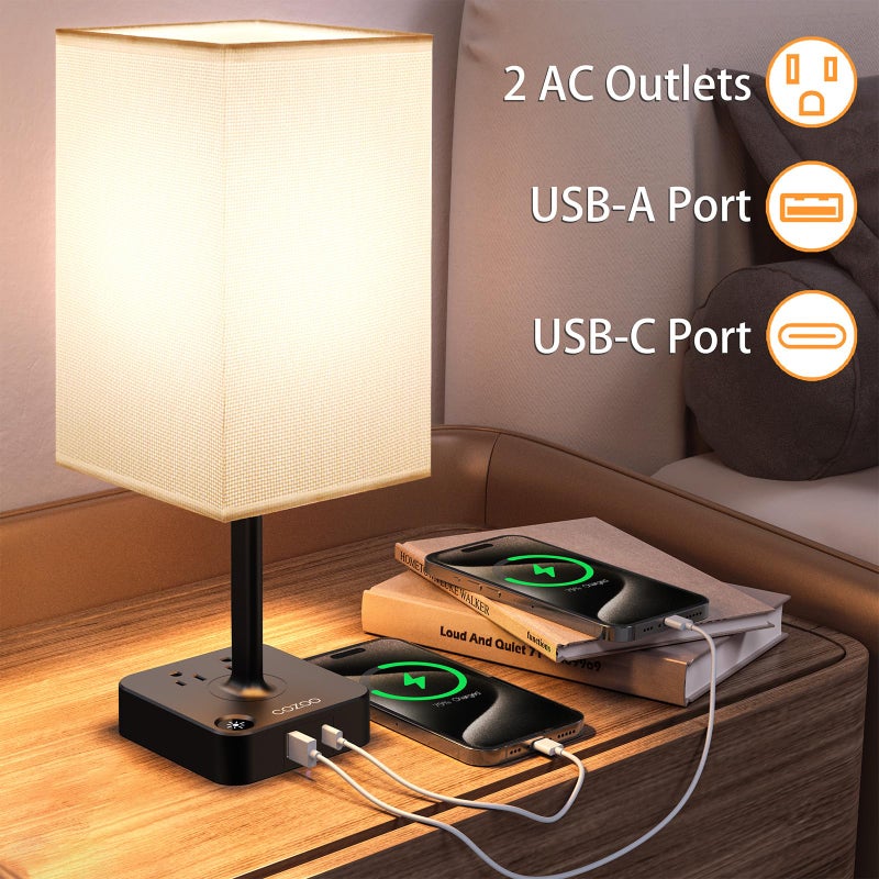 COZOO 3 Way Dimmable Touch Bedside Table Lamp with 2 USB Charging Ports 2 Outlets Power Strip,Black Charger Base White Fabric Shade,LED Desk Night Light for Bedroom/Nightstand/Living Room/College Dorm - Image 2